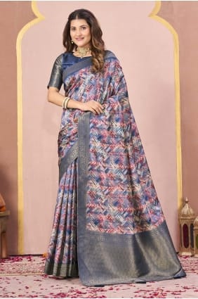 Saree in Blue Tussar silk with Digital print SR29095