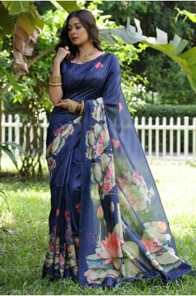 Saree in Navy blue Tussar silk with Printed SR29682