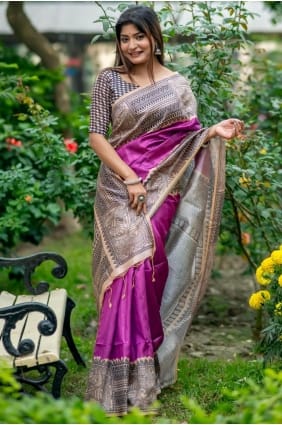 Printed Tussar silk Purple Saree with Blouse SR29691