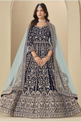 Anarkali Suit in Blue Velvet with Embroidered AS4190
