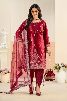Red Patiala Suit in Velvet with Embroidered SK15679