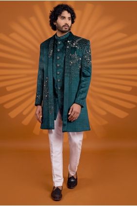 Green Indo Western Kurta in Velvet KURR296