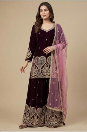 Sequins Velvet Eid Palazzo Suit in Wine with Dupatta PZ4283