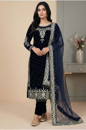 Navy blue Salwar Kameez in Stone with moti Velvet SK15660