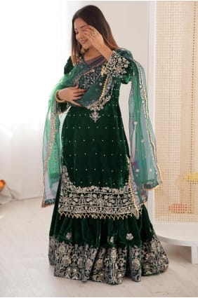 Velvet Sharara Suit with Stone moti in Green SS1295