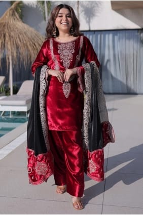 Zari Velvet Sharara Suit in Red with Dupatta SS1305