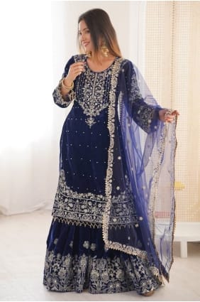 Velvet Sharara Suit with Stone moti in Navy blue SS1296