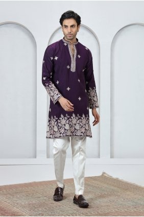 Art silk Men Kurta with Embroidered in Violet KURR636
