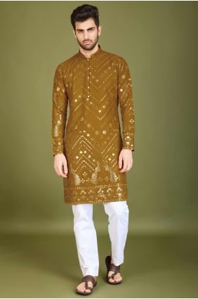 Viscose Embroidered Mustard  Men Kurta with Dupatta KURR530
