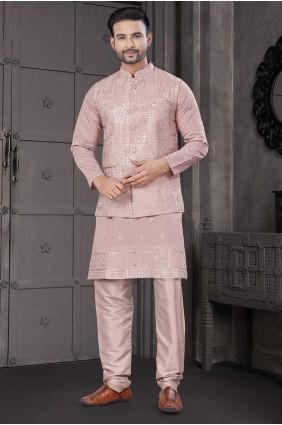 Viscose Pink Men Kurta in Embroidered KURR458