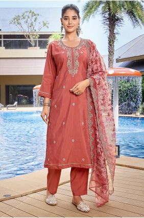Embroidered Viscose Salwar Kameez in Rust SK15782
