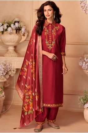 Viscose Salwar Kameez with Embroidered in Maroon SK155789