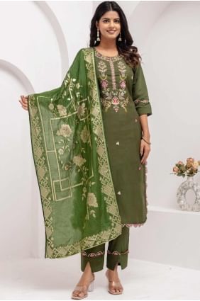 Viscose Straight Pant Suit in Mahendi  with Embroidered SK155533