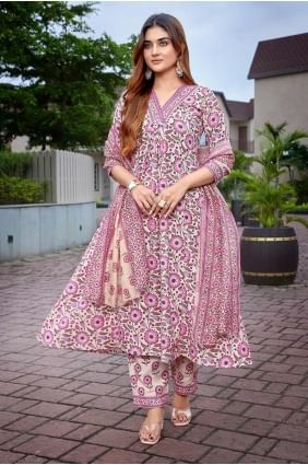 Viscose Straight Suit in Pink with Digital print SK155411
