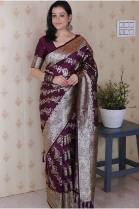 Weaving Banarasi silk Wine Saree with Blouse SR28984