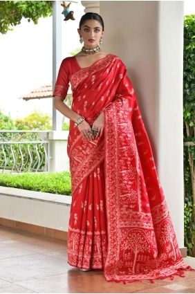 Red Bangalore Silk Saree with Weaving Design SR29895