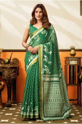 Cotton Saree with Weaving in Green SR30319