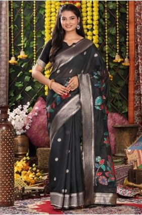 Linen Weaving Black Saree with Blouse SR28883