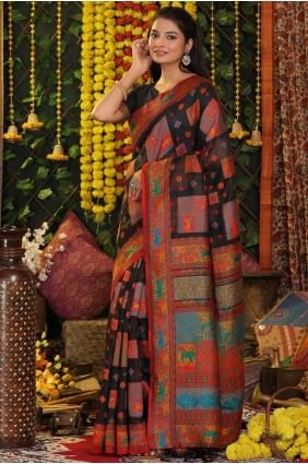 Linen Saree in Black with Weaving SR28878