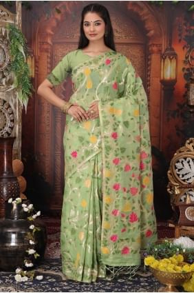 Linen Saree in Green with Weaving SR28986