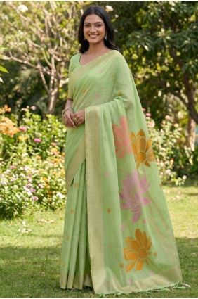 Green Saree with Weaving Linen SR29817