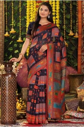 Navy blue Linen Saree with Weaving SR28879