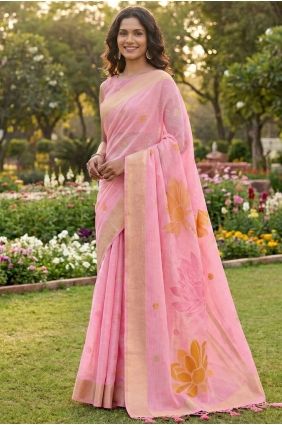 Pink Saree in Linen with Weaving SR29819
