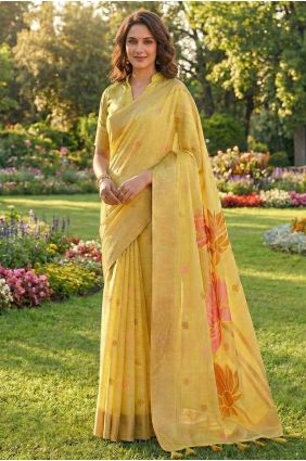 Weaving Linen Saree in Yellow with Blouse SR29818
