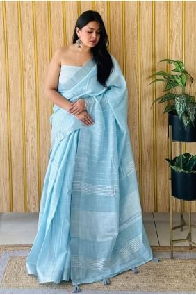 Weaving Linen Sky blue  Saree with Blouse SR28125
