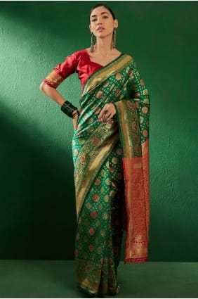 Banarasi silk Weaving Green Saree with Blouse SR29262