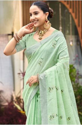 Green Linen Saree with Weaving Pattern SR29918