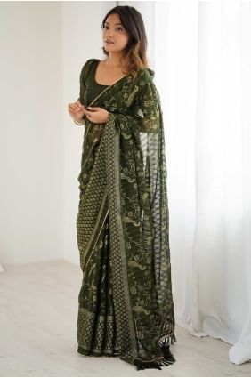 Georgette Weaving Mehendi Saree with Blouse SR28845