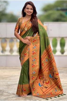 Mahendi Saree in Silk with Weaving SR29084