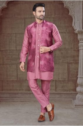 Weaving Silk Men Kurta in Pink KURR465