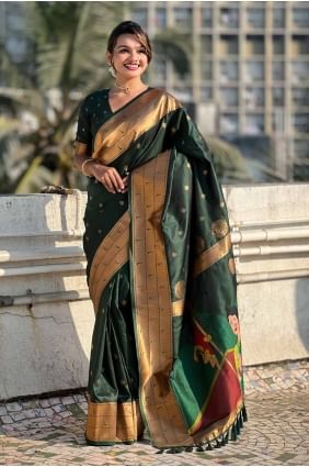 Weaving Silk Saree in Bottel green  SR28041