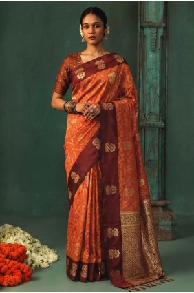 Silk Saree with Weaving in Orange SR30379