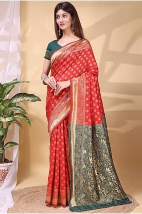 Weaving Silk Red Saree with Blouse SR29446
