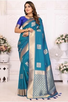 Weaving Soft net Saree in Firozi with Blouse SR28263