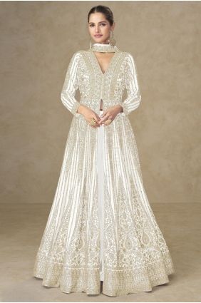 Embroidered Chinon chiffon Anarkali Suit in White with Dupatta AS4296
