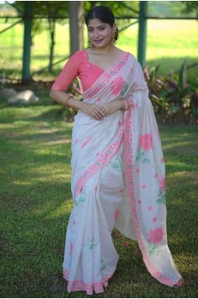 Cotton Saree in White with Weaving SR29678