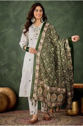 White Salwar Kameez in Embroidered Cotton blend SK155684
