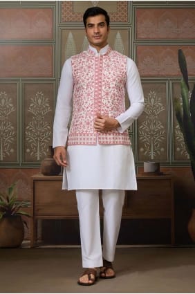 White Men Kurta in Embroidered Silk KURR603