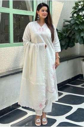 Embroidered Silk White Salwar Kameez with Dupatta SK15756