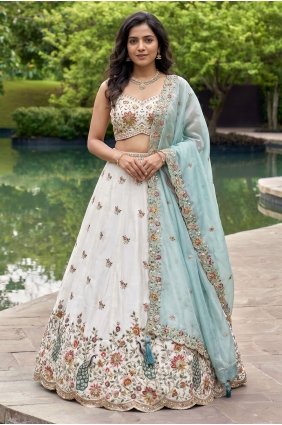 White Lehenga Choli in Organza with Embroidered LC9225