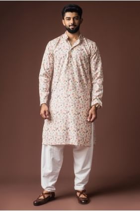 White Men Kurta in Digital print Linen KURR579