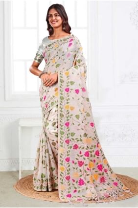 White Weaving Saree in Linen SR28673