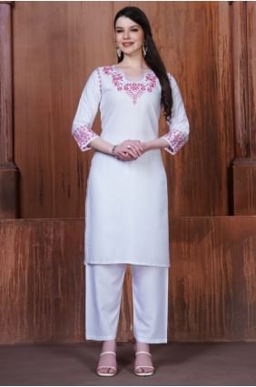 White Palazzo Kurti in Embroidered Rayon KTI2671