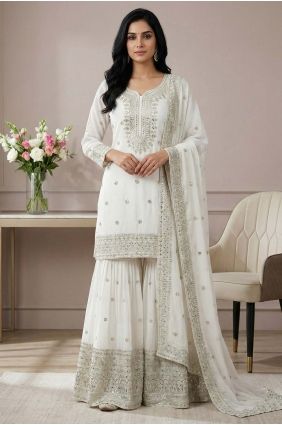White Silk Sequins Palazzo Suit with Dupatta PZ4379