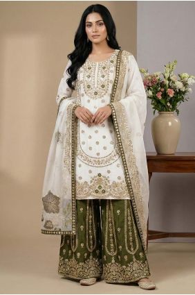Silk Sequins White Palazzo Suit with Dupatta PZ4388