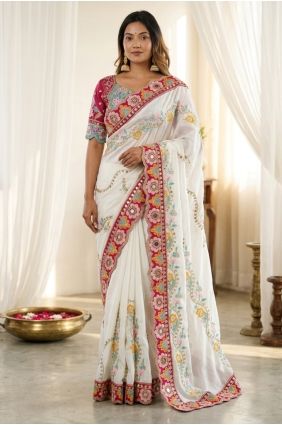 White Embroidered Silk Party Wear Saree SR30115